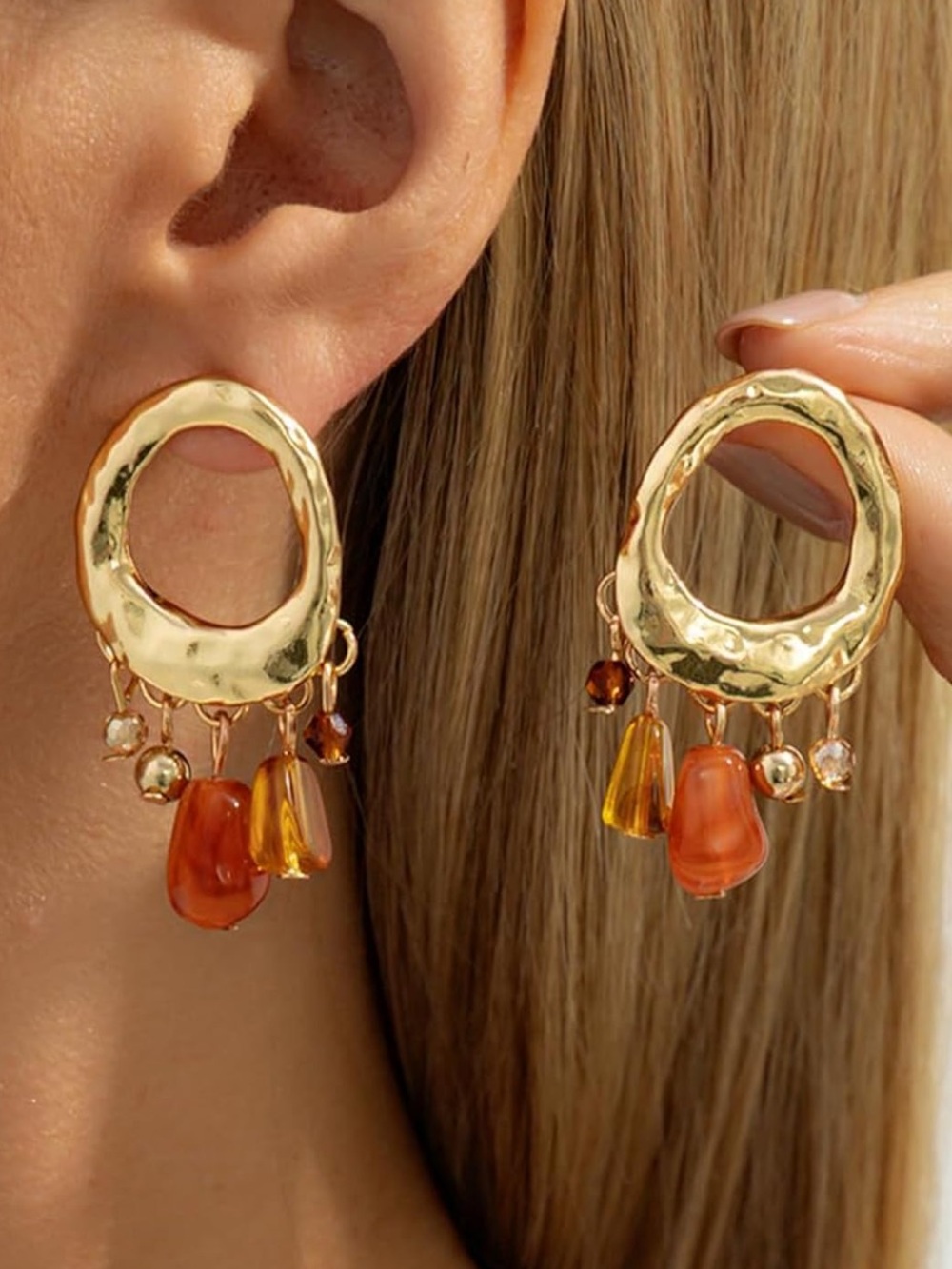 Anthropologie Gold Dangle Hoop Earrings with Amber and Yellow Beads